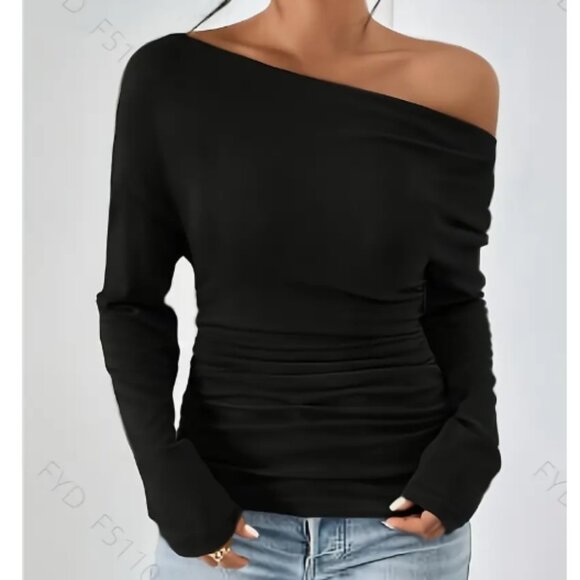 NEW Women's Black Off-Shoulders or Drop-Shoulder Shirt with Runched Waist - Picture 2 of 4